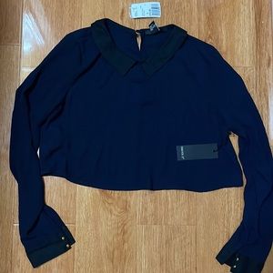 NWT Forever21 Navy Blue and Black Colorblock Collared Cropped Shirt